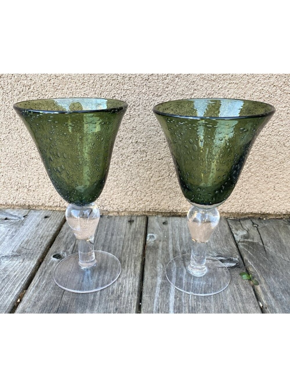 Artland Dark Forest Green Hand Blown Bubble 8” Goblet - Set of 2 READ